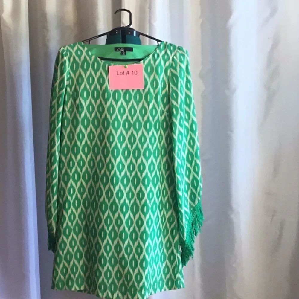Simple shift style dress with angled open top fringe sleeves in size small